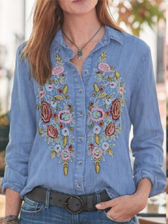 Daily Brodery Creative Button Lapel Loose Jean Shirt For Women