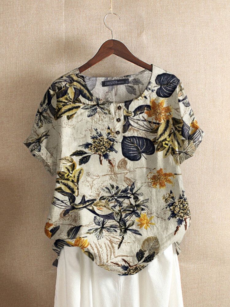 Dam 100% Bomull O-ringad Lös Blommig Casual Blus