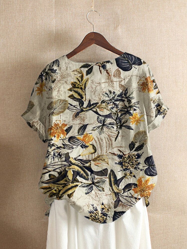 Dam 100% Bomull O-ringad Lös Blommig Casual Blus