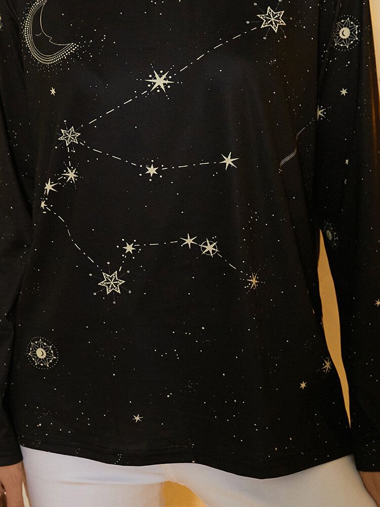 Dam All Over Aquarius Print Rundhalsad Casual Långärmad Blus