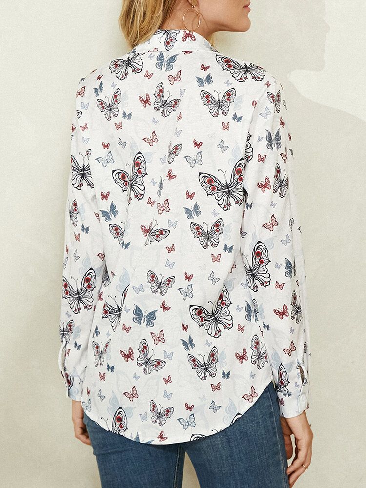 Dam All Over Butterfly Print Button Up Vit Casual Shirt