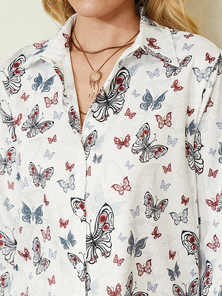 Dam All Over Butterfly Print Button Up Vit Casual Shirt