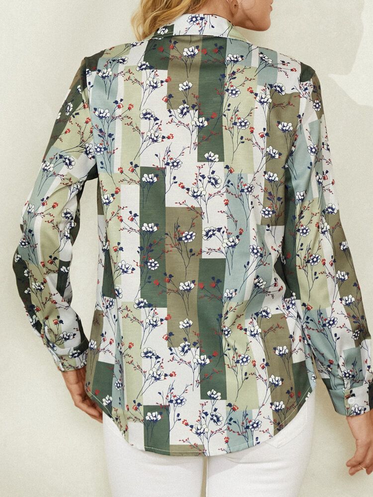 Dam Calico Print Blockrandiga Lapel Casual Långärmade Skjortor