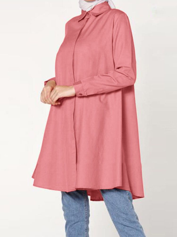 Dam Casual Enfärgad Lapel Långärmad Longline Lös Muslimsk Blus