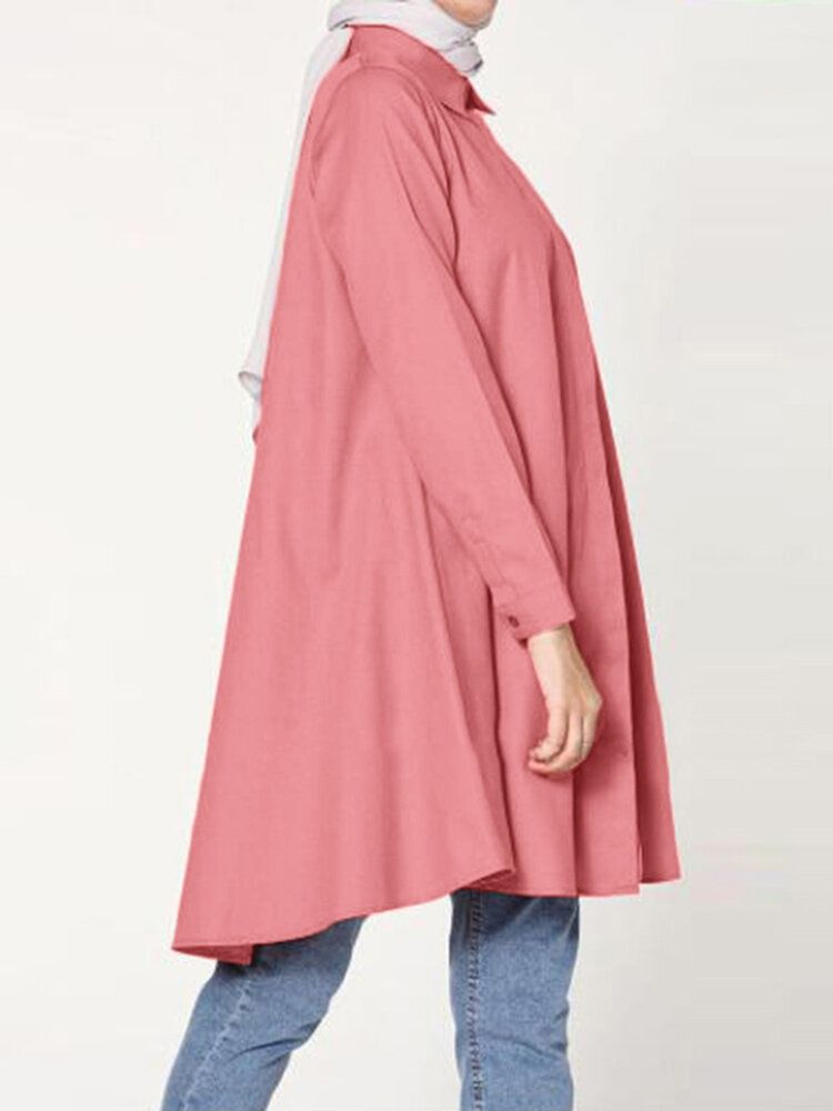 Dam Casual Enfärgad Lapel Långärmad Longline Lös Muslimsk Blus