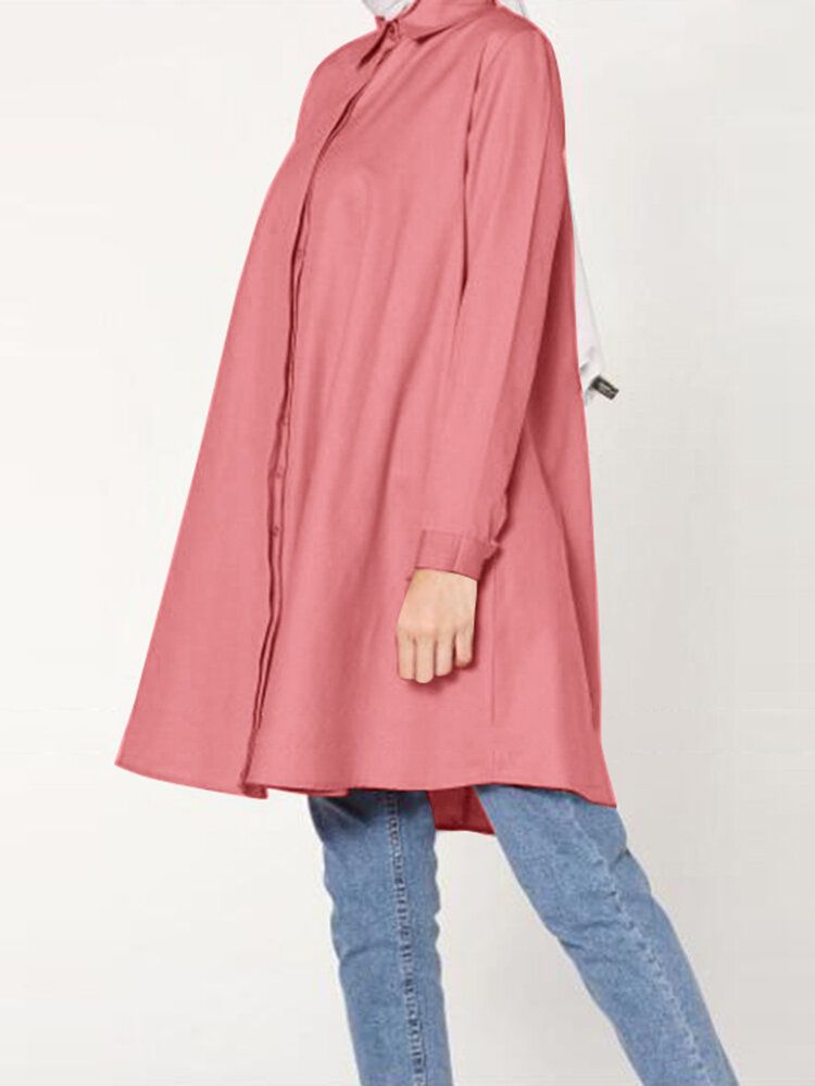 Dam Casual Enfärgad Lapel Långärmad Longline Lös Muslimsk Blus