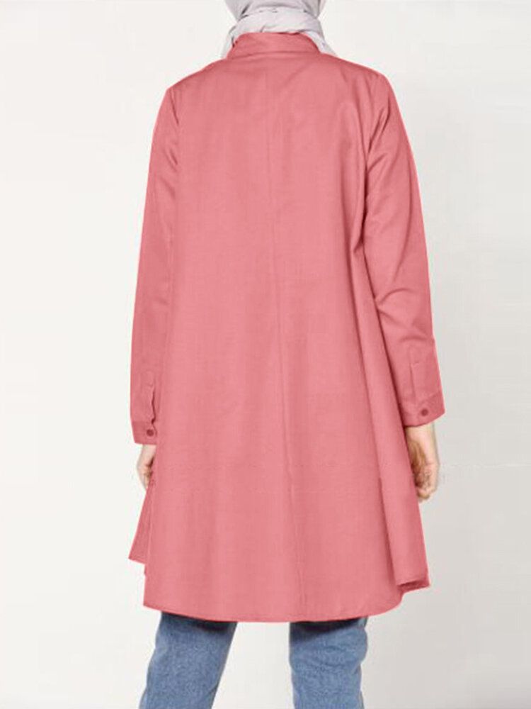 Dam Casual Enfärgad Lapel Långärmad Longline Lös Muslimsk Blus