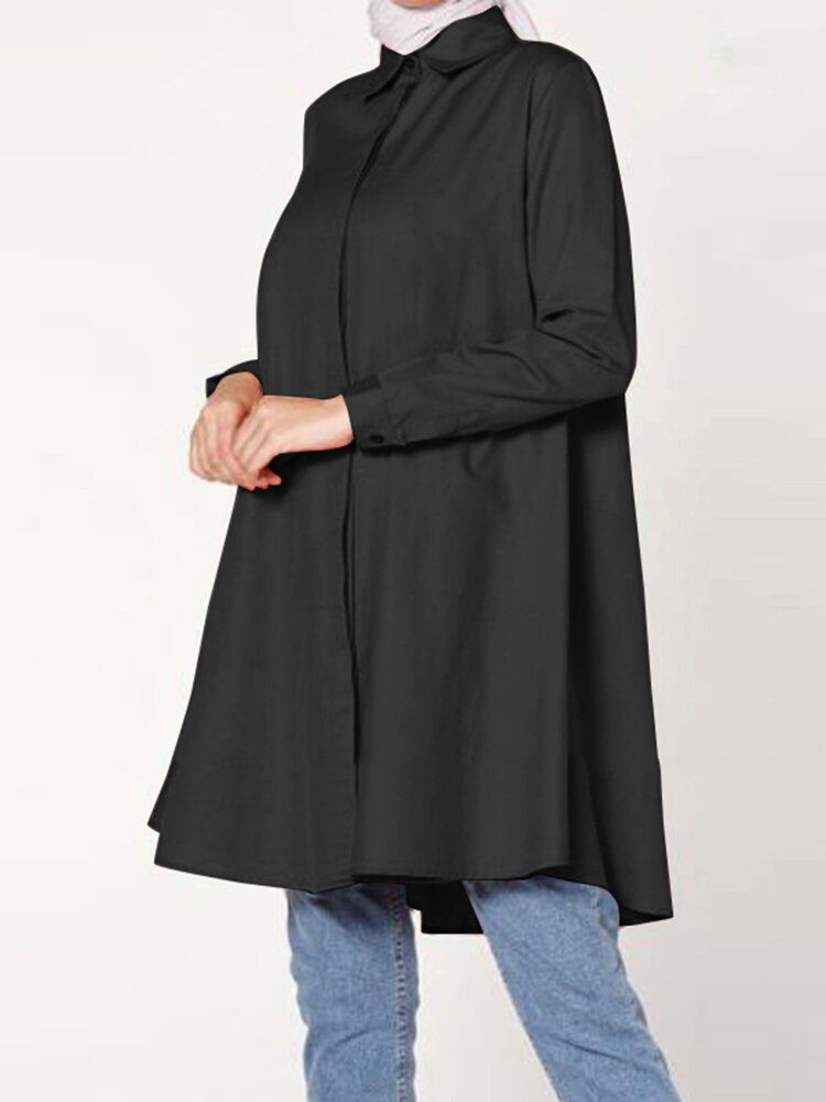 Dam Casual Enfärgad Lapel Långärmad Longline Lös Muslimsk Blus