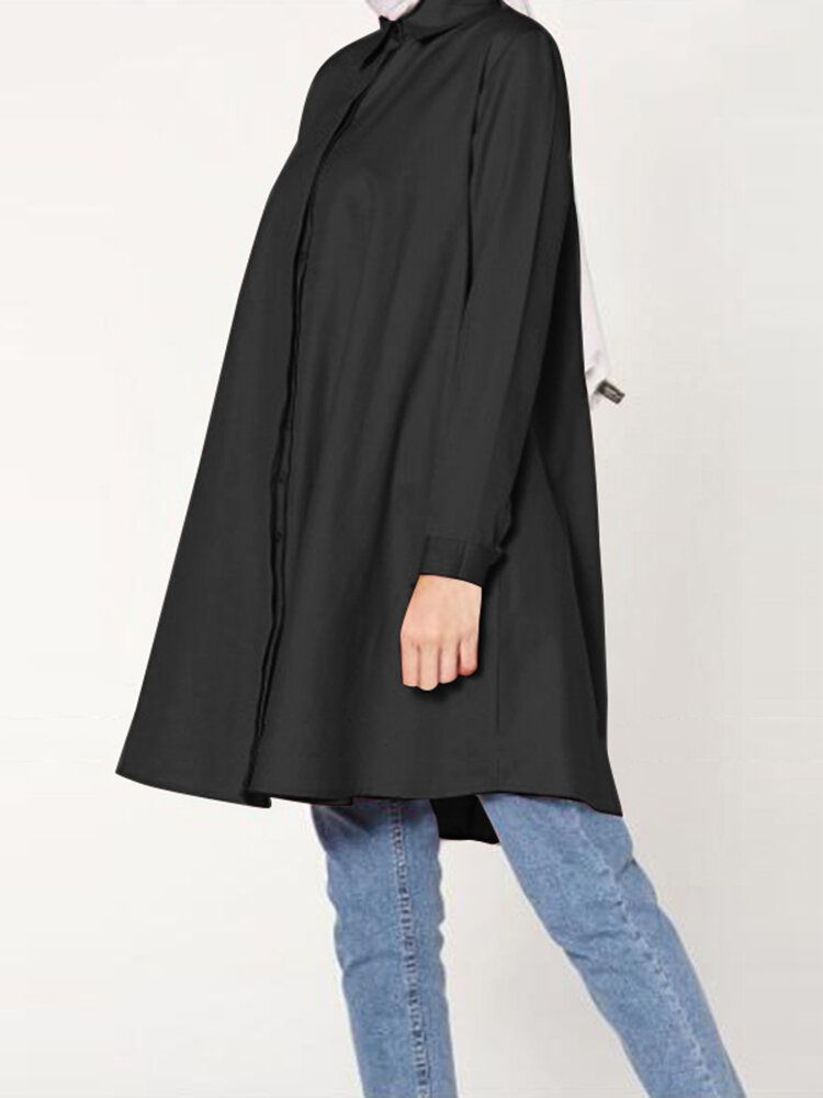 Dam Casual Enfärgad Lapel Långärmad Longline Lös Muslimsk Blus