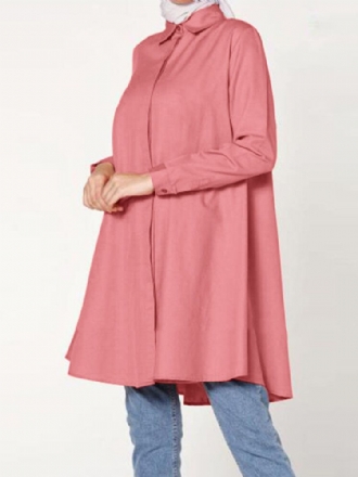 Dam Casual Enfärgad Lapel Långärmad Longline Lös Muslimsk Blus