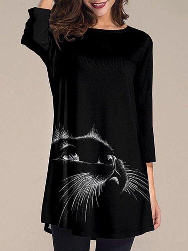 Dam Cat Print Rund Neck 3/4 Ärm Casual Black Blusar