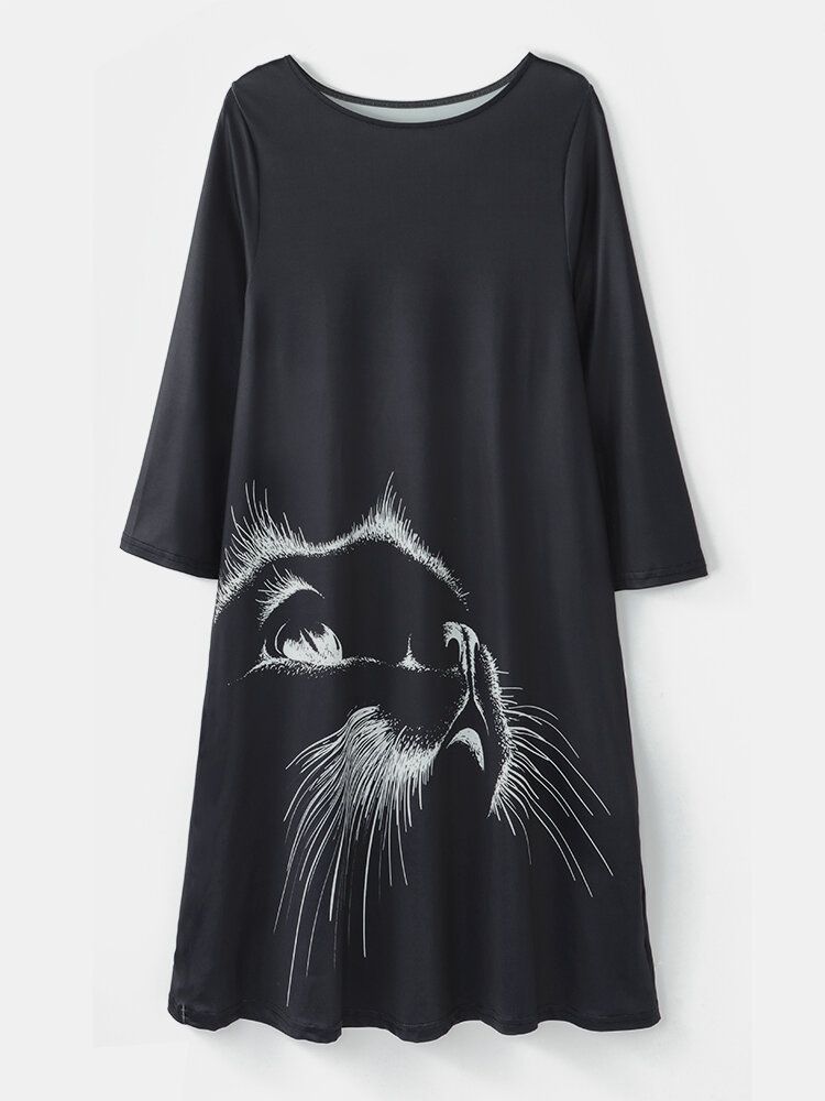 Dam Cat Print Rund Neck 3/4 Ärm Casual Black Blusar