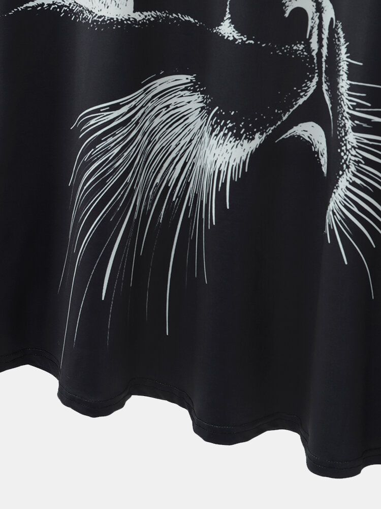 Dam Cat Print Rund Neck 3/4 Ärm Casual Black Blusar