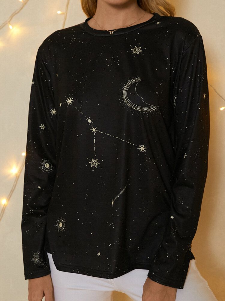 Dam Celestial Galaxy Print Rundhalsad Casual Långärmad Blus