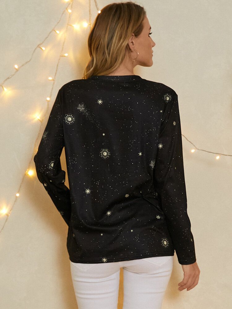 Dam Celestial Galaxy Print Rundhalsad Casual Långärmad Blus