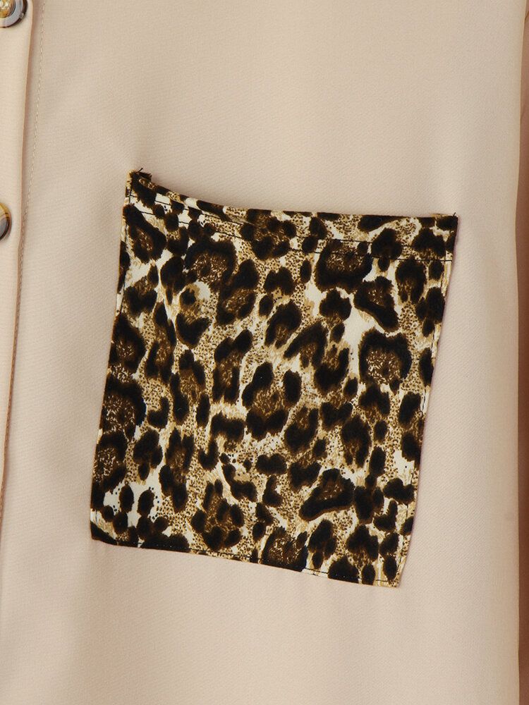 Dam Leopard Patchwork Pocket Laprl Långärmad Casual Skjorta