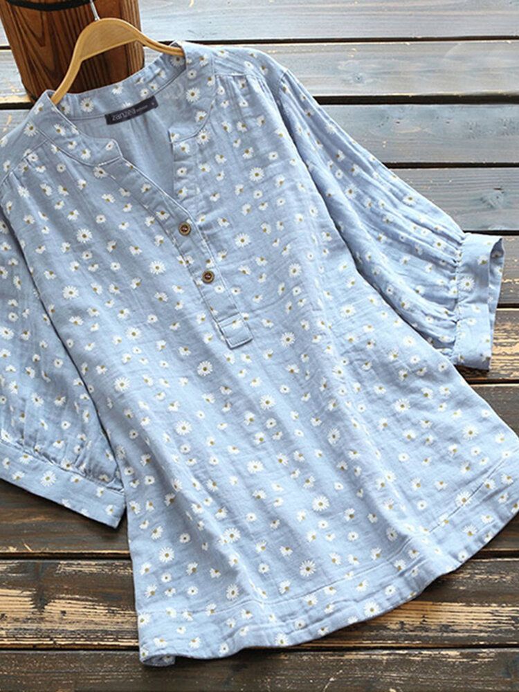 Dam Retro Daisy Print Halvknapp Böjd Fåll Kortärmad Blus