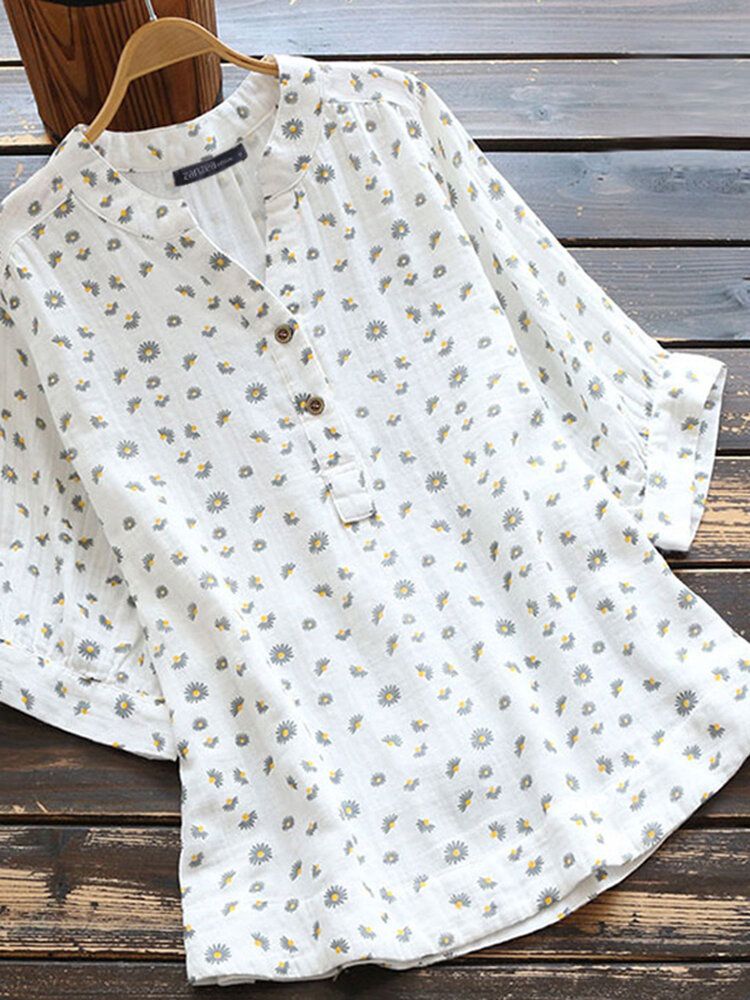 Dam Retro Daisy Print Halvknapp Böjd Fåll Kortärmad Blus