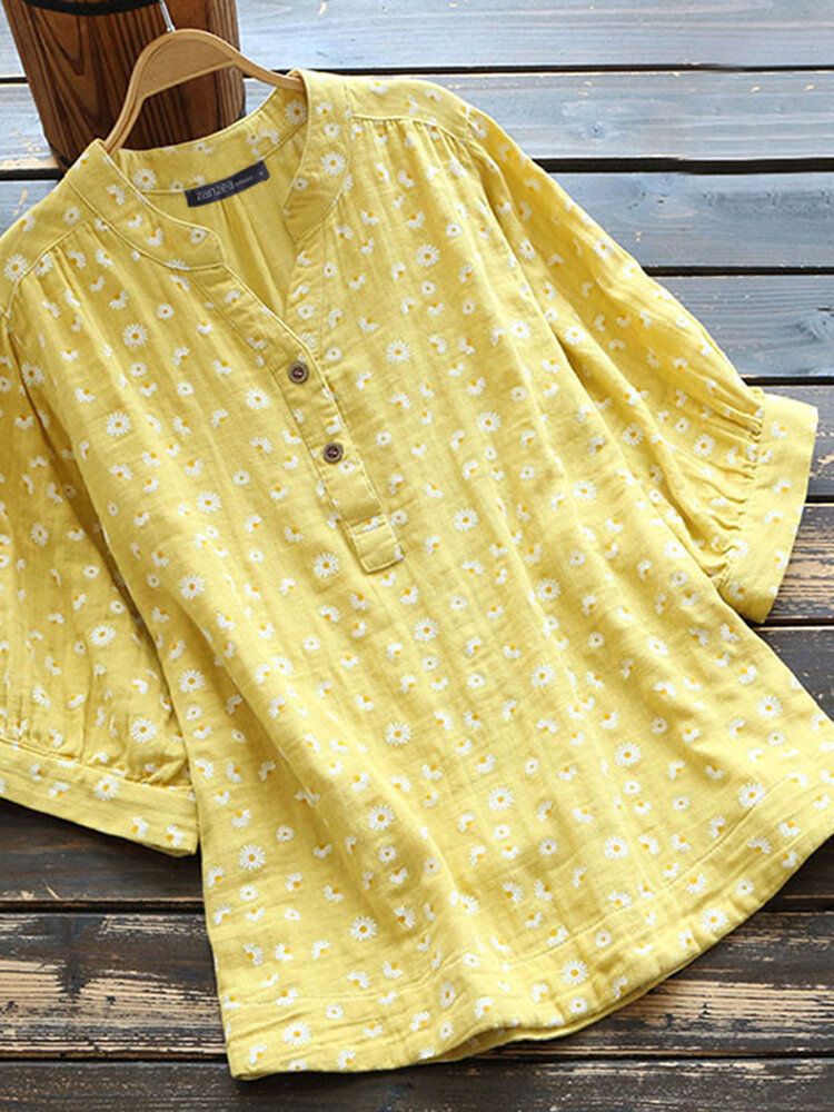 Dam Retro Daisy Print Halvknapp Böjd Fåll Kortärmad Blus