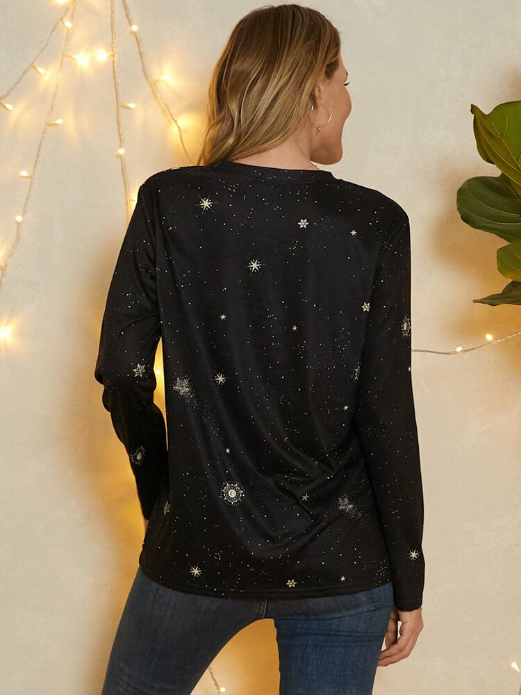 Dam Stenbocken Galaxy Print Rundhalsad Långärmad Casual Blusar