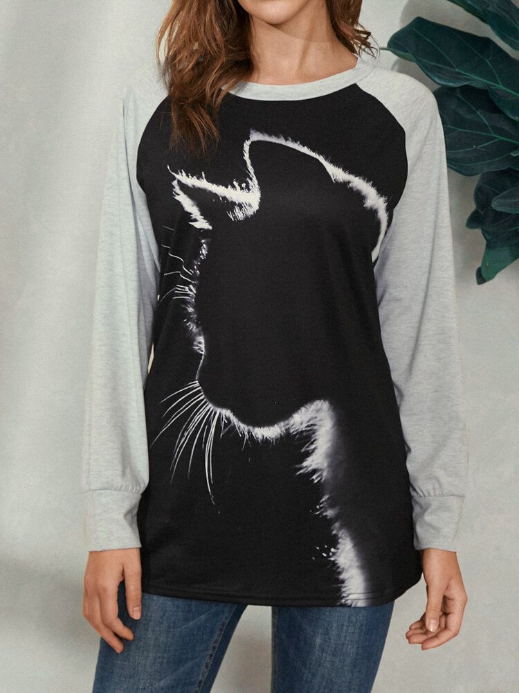 Damer Cat Print Rundhalsad Casual Raglan Ärm Blusar