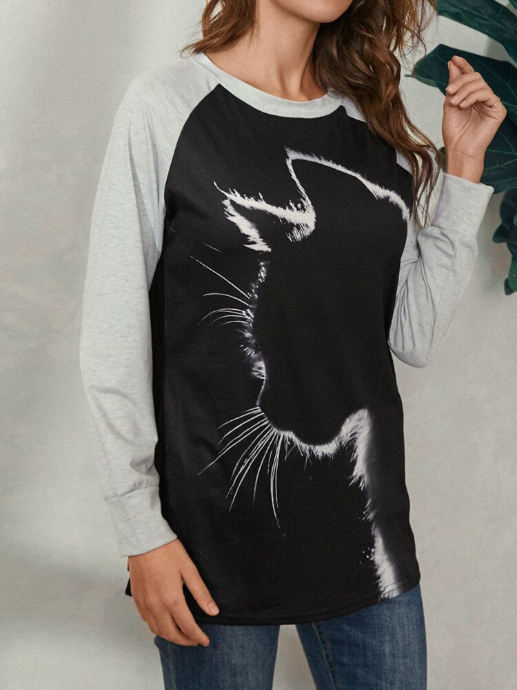 Damer Cat Print Rundhalsad Casual Raglan Ärm Blusar