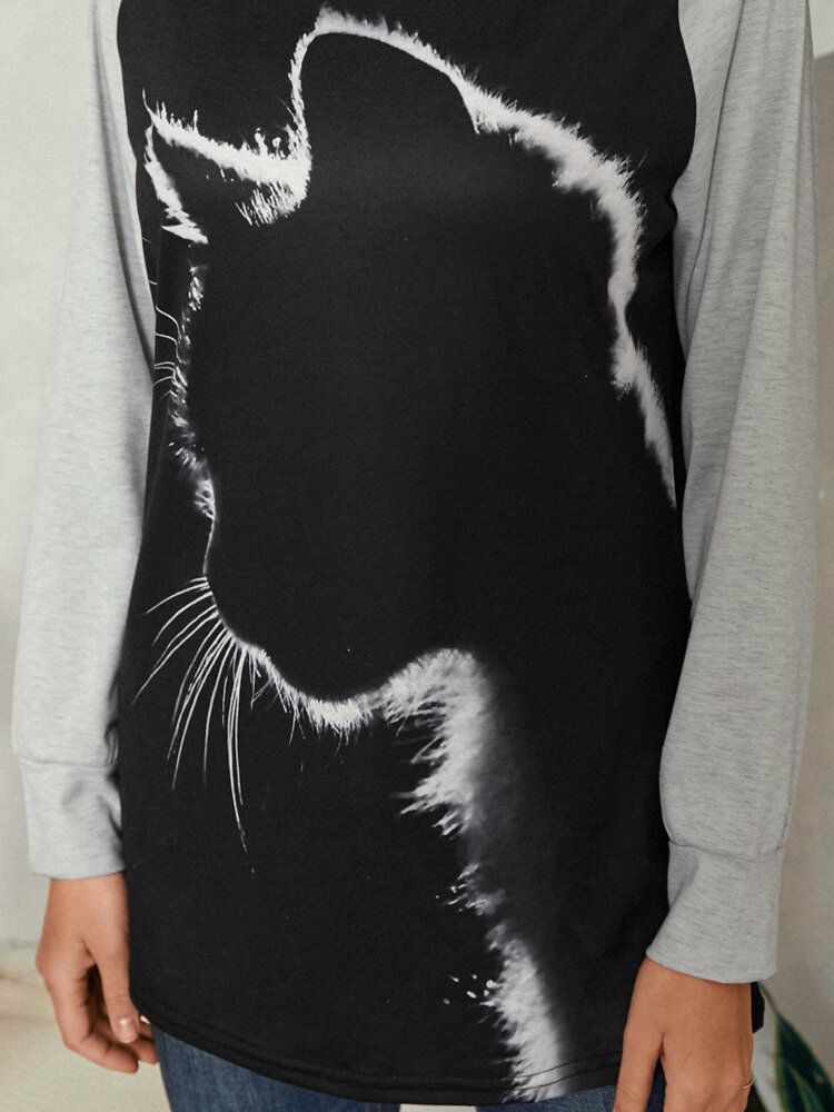 Damer Cat Print Rundhalsad Casual Raglan Ärm Blusar