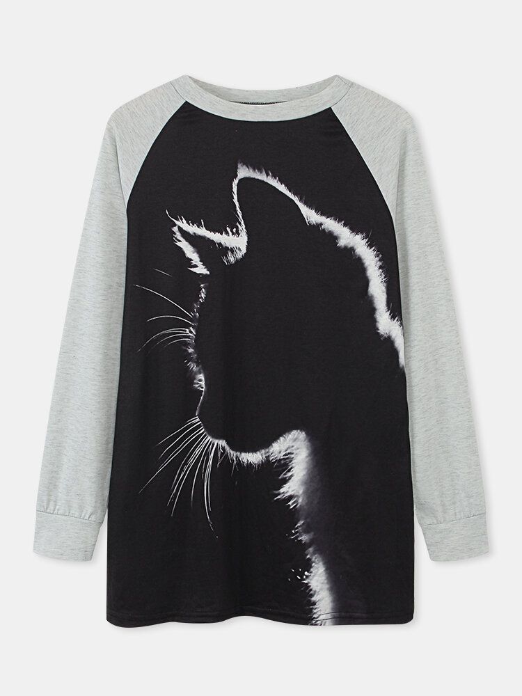 Damer Cat Print Rundhalsad Casual Raglan Ärm Blusar