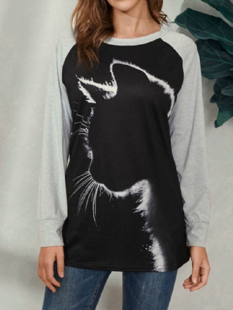 Damer Cat Print Rundhalsad Casual Raglan Ärm Blusar