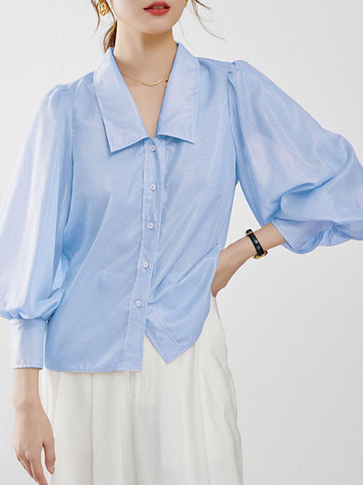 Damer I Ren Färg Button Up Lapel Puff Sleeve Casual Shirts