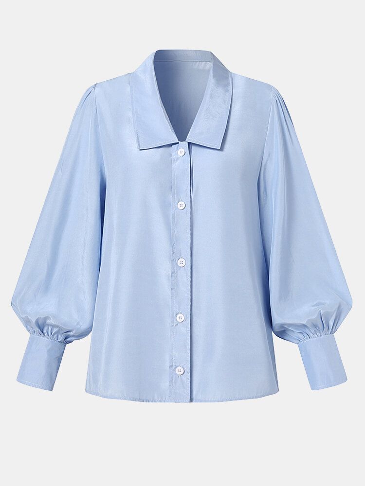 Damer I Ren Färg Button Up Lapel Puff Sleeve Casual Shirts