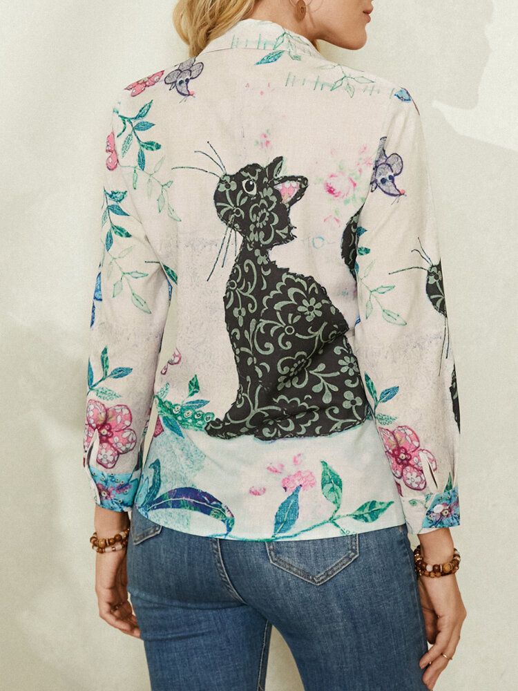 Damer Söt Cat Print Långärmad Lapel Casual Shirt