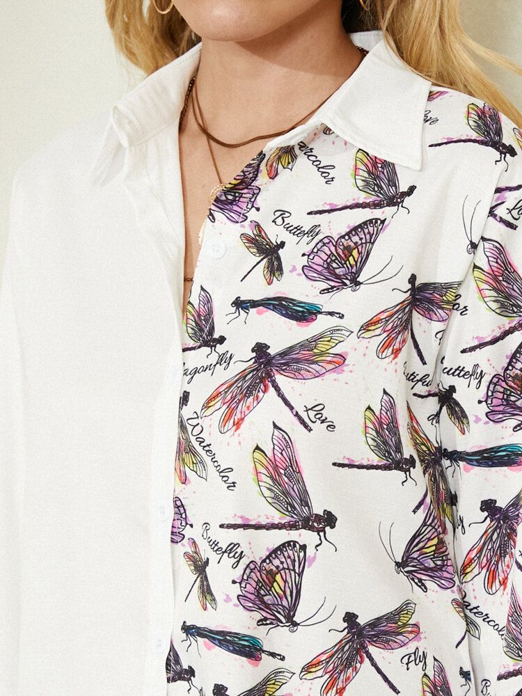 Dragonfly Print Långärmad Lapel White Button Shirt För Dam