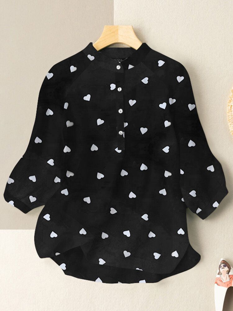 Fritid Love Print Stand Collar Button Blus