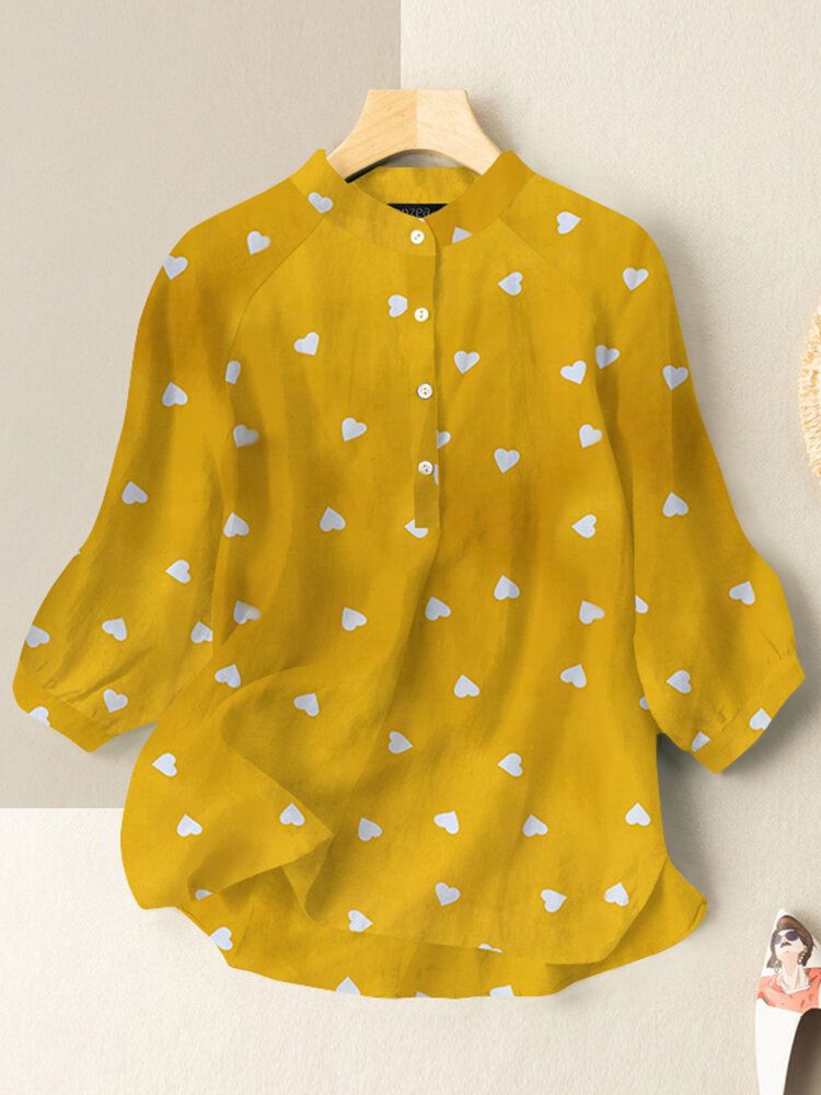 Fritid Love Print Stand Collar Button Blus