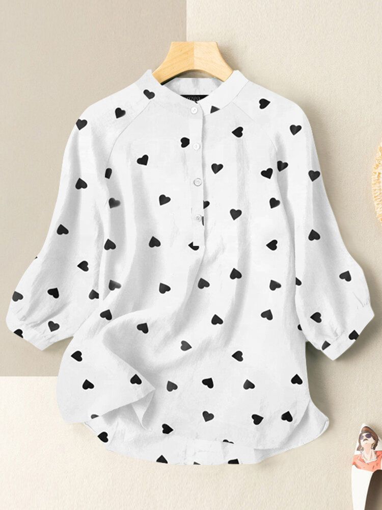 Fritid Love Print Stand Collar Button Blus