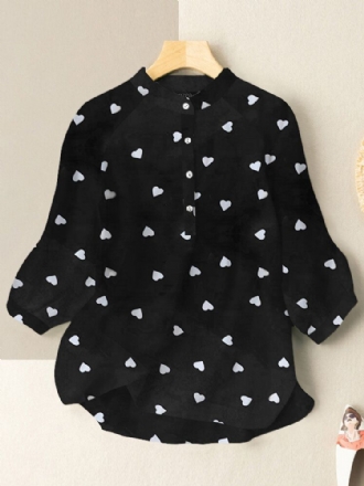 Fritid Love Print Stand Collar Button Blus