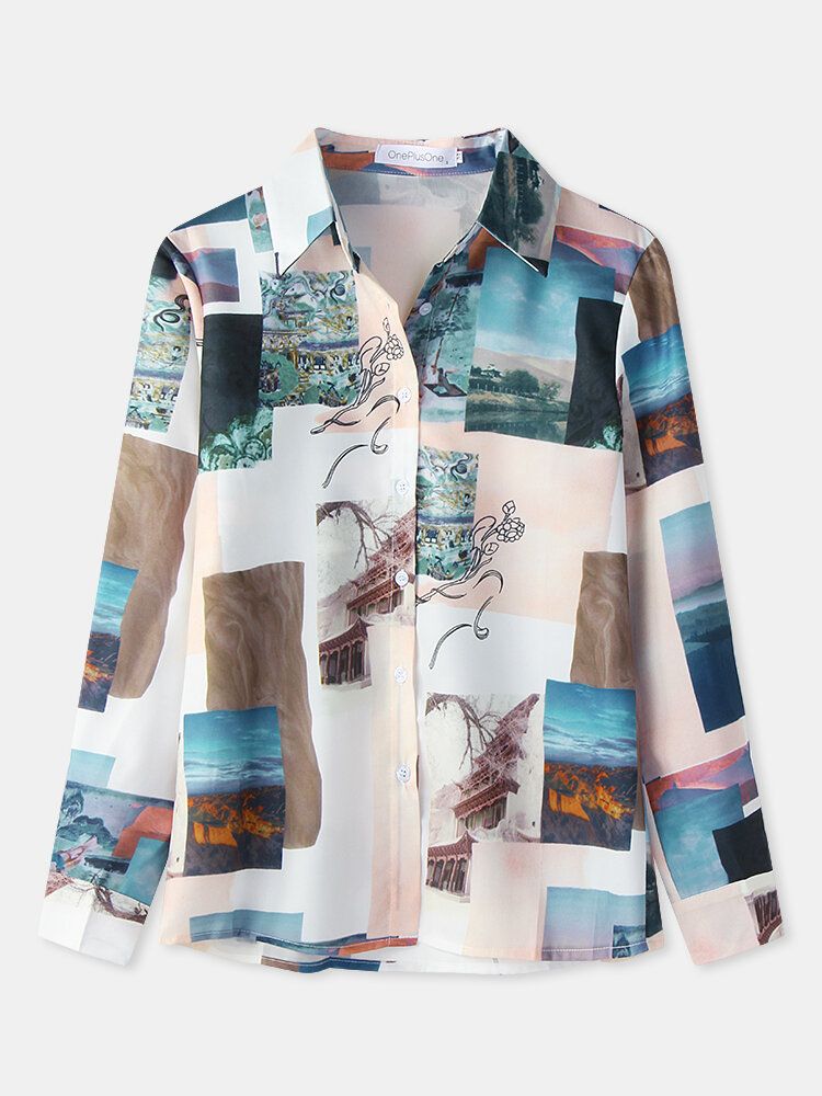 Kvinnor Block Landscape Print Långärmad Lapel Casual Blus