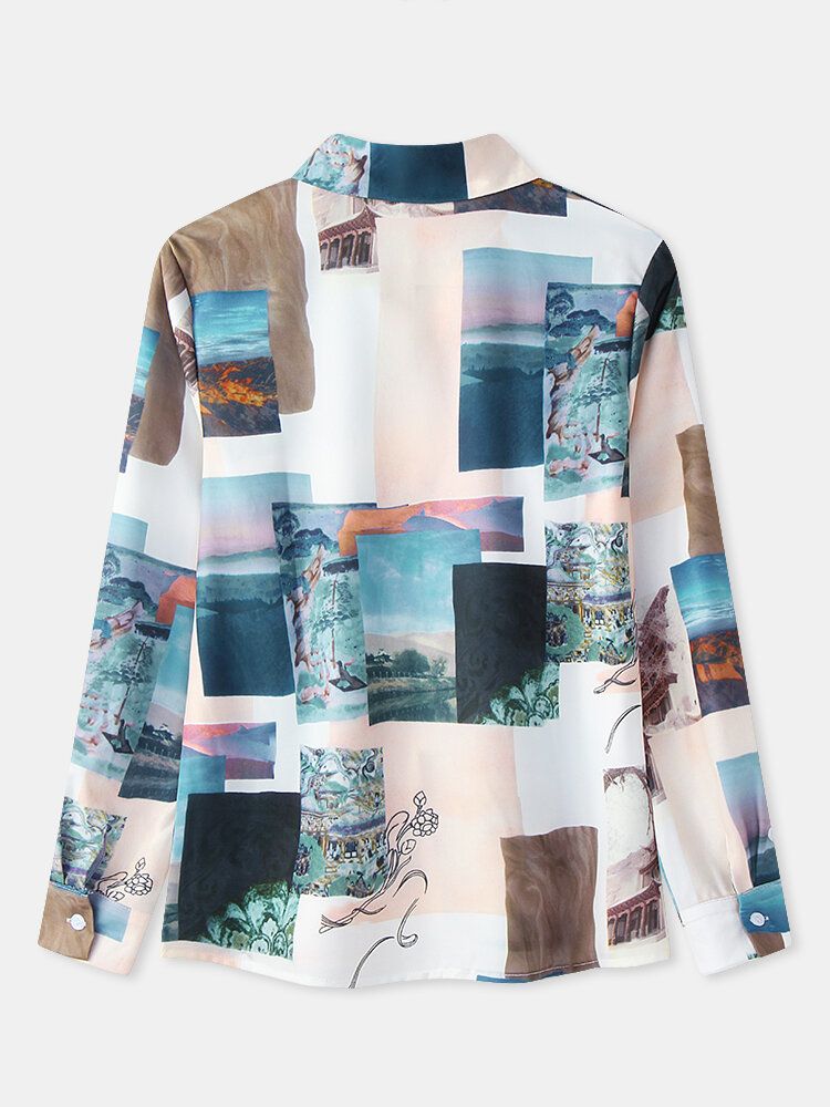 Kvinnor Block Landscape Print Långärmad Lapel Casual Blus