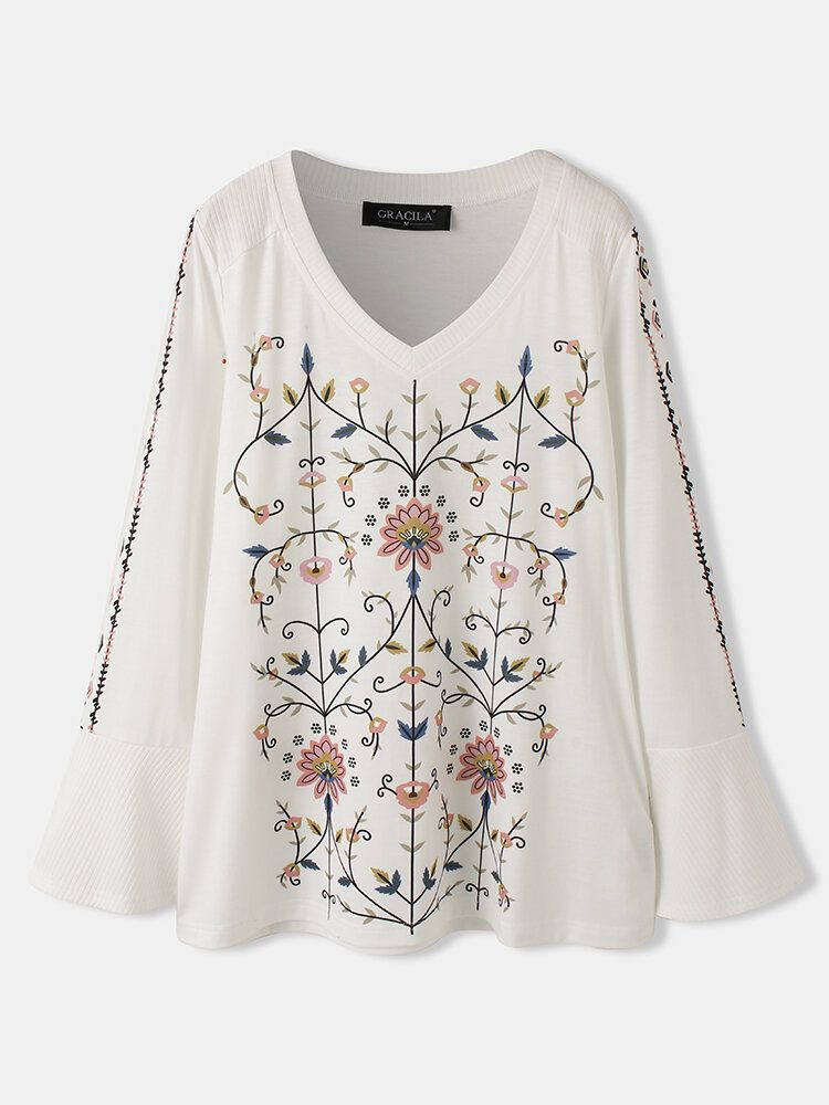 Kvinnor Blommönster V-ringad Lång Bell Sleeve Holiday Bohemian Casual Blus