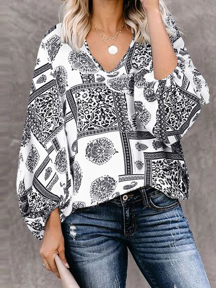 Kvinnor Bohemian Retro Puff Sleeve Printing Quarter Sleeve Casual Blusar