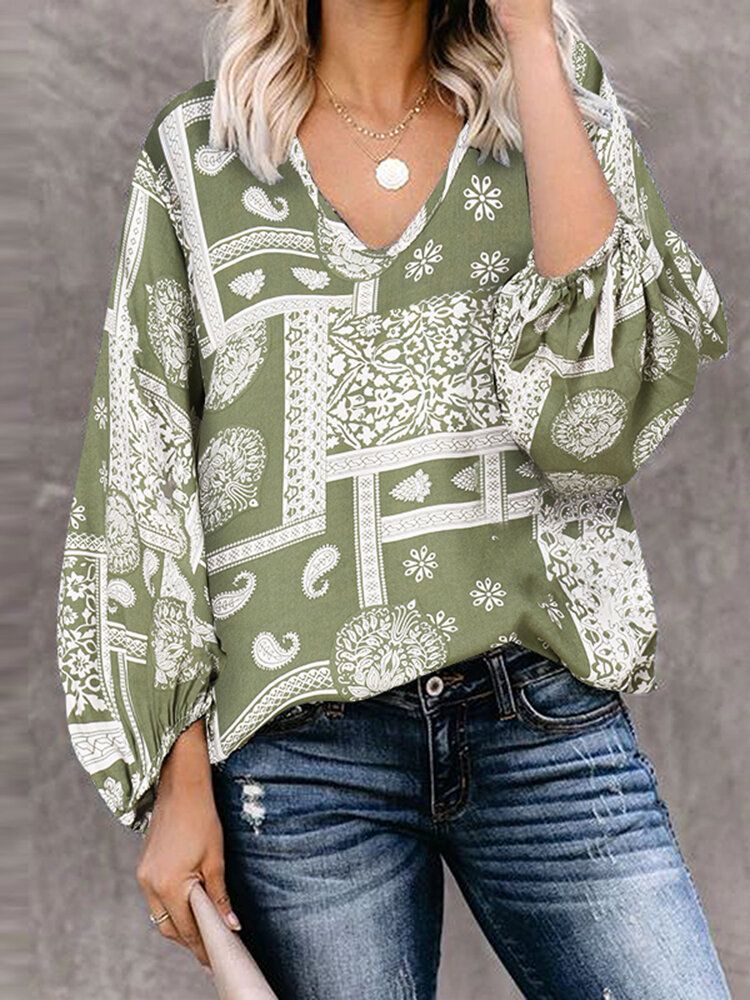 Kvinnor Bohemian Retro Puff Sleeve Printing Quarter Sleeve Casual Blusar