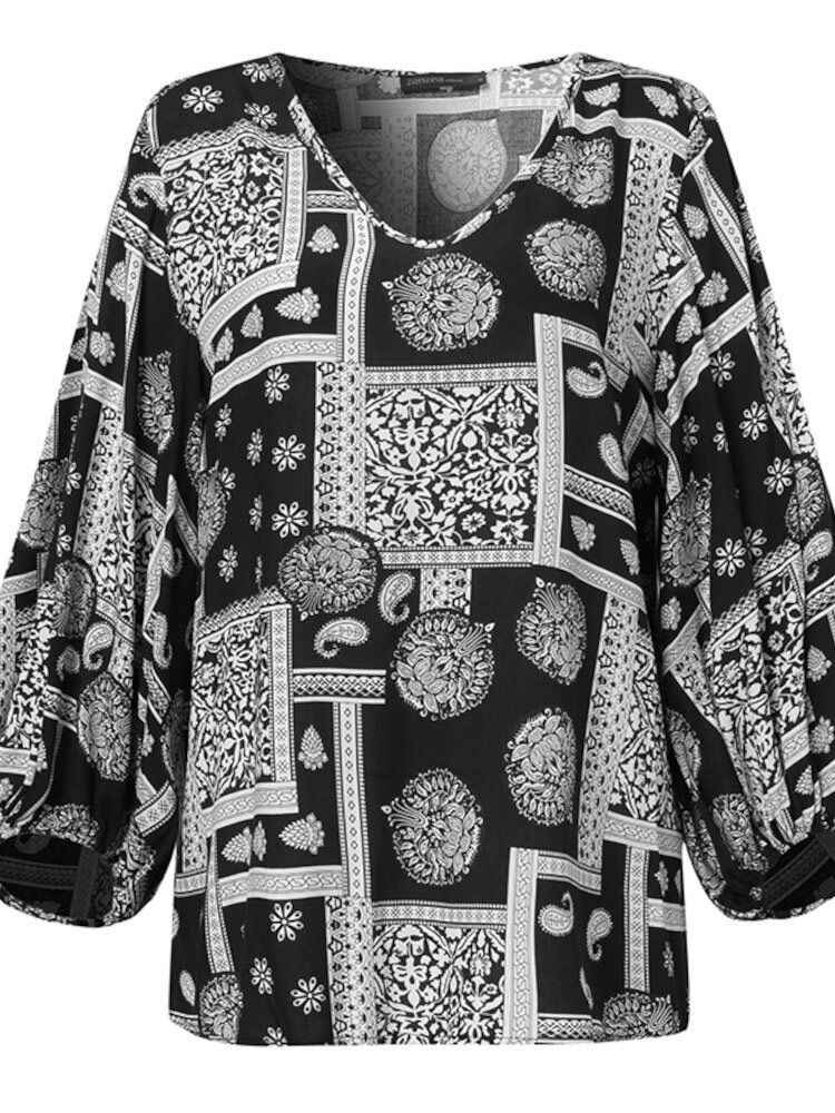 Kvinnor Bohemian Retro Puff Sleeve Printing Quarter Sleeve Casual Blusar