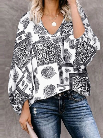 Kvinnor Bohemian Retro Puff Sleeve Printing Quarter Sleeve Casual Blusar