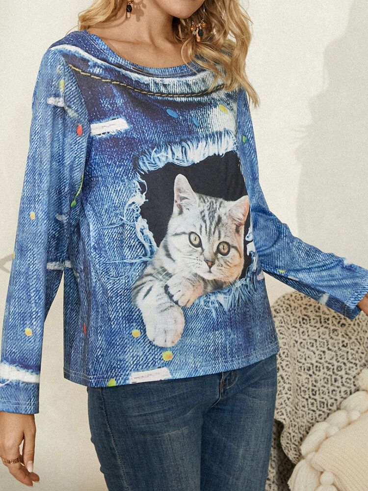 Kvinnor Cat Print Rundhalsad Casual Långärmad Blus