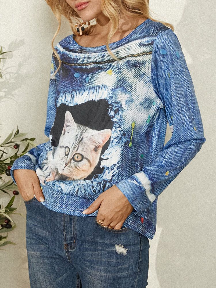 Kvinnor Cat Print Rundhalsad Casual Långärmad Blus