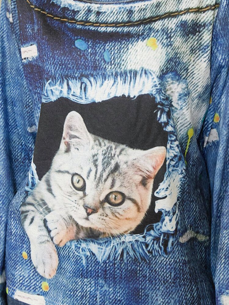 Kvinnor Cat Print Rundhalsad Casual Långärmad Blus