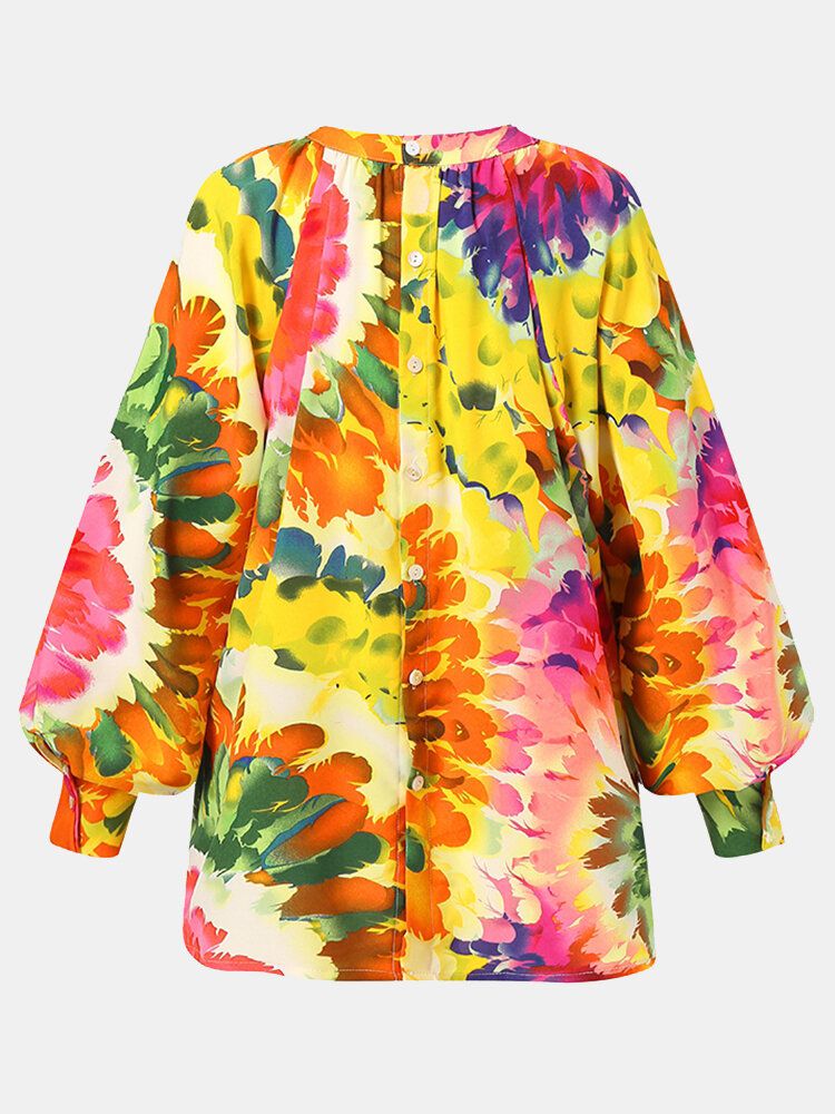 Kvinnor Färgglada Blommor Utskrift Puffärm Back Button Casual Blus