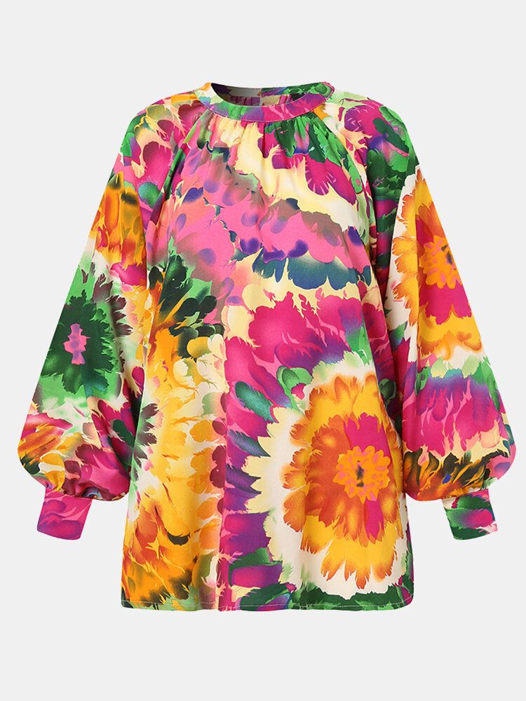 Kvinnor Färgglada Blommor Utskrift Puffärm Back Button Casual Blus