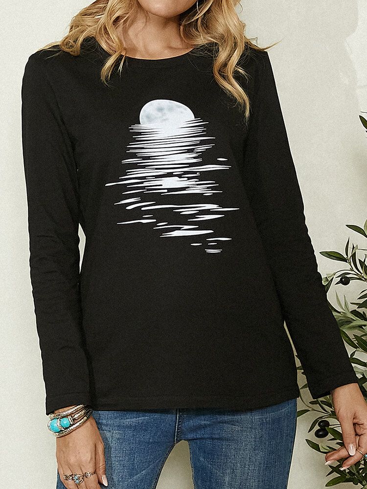 Kvinnor Moon Print Rund Neck Långärmad Svart Blus